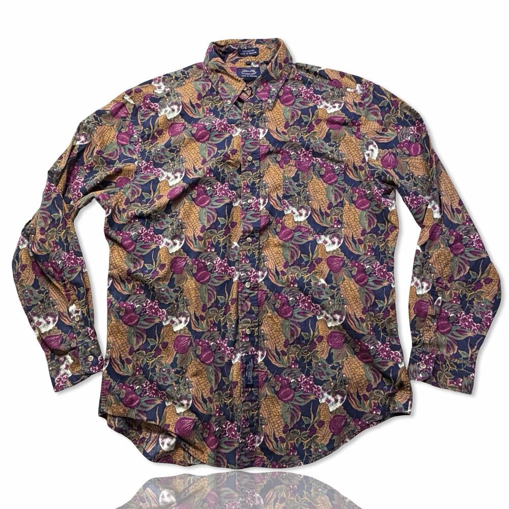 Vintage Allen Solly Nottingham England Fruit Print Button Up Shirt Large Cotton